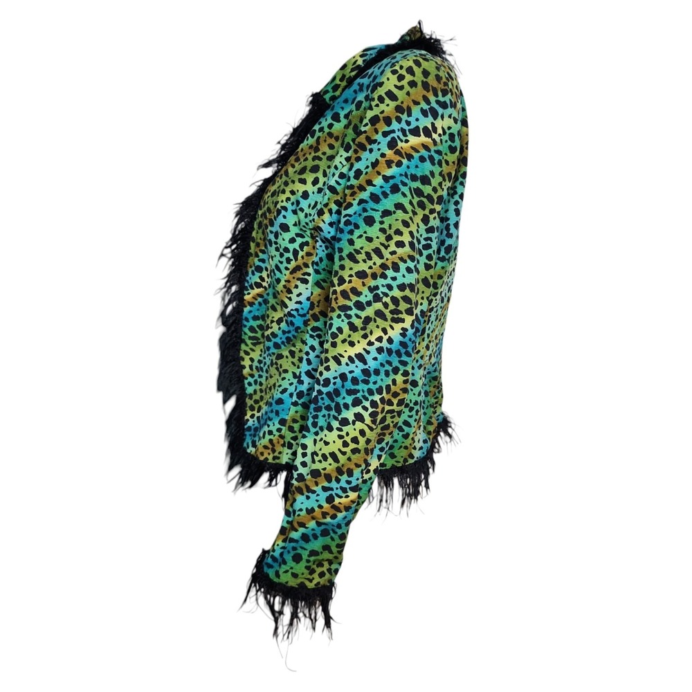 Anthracite Cardigan Size 6 Blue Green Animal Print 100% Silk Fringe Colorful - Picture 2 of 6